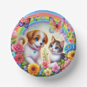 Niedlicher/whimsischer Welpe/Kätzchen Regenbogen Pappteller