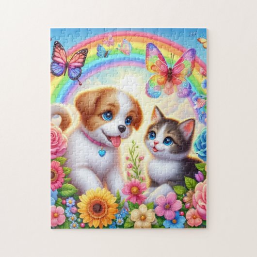 Niedlicher/whimsischer Welpe/Kätzchen Regenbogen Puzzle (Vertikal)
