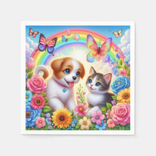 Niedlicher/whimsischer Welpe/Kätzchen Regenbogen Serviette (Vorderseite)