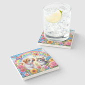 Niedlicher/whimsischer Welpe/Kätzchen Regenbogen Steinuntersetzer (Seitenansicht)