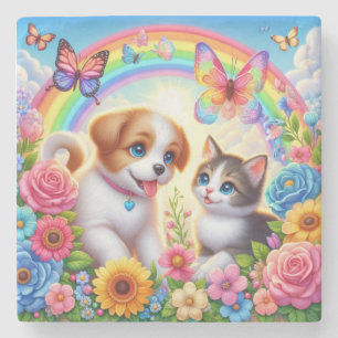 Niedlicher/whimsischer Welpe/Kätzchen Regenbogen Steinuntersetzer