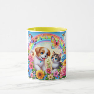 Niedlicher/whimsischer Welpe/Kätzchen Regenbogen Tasse