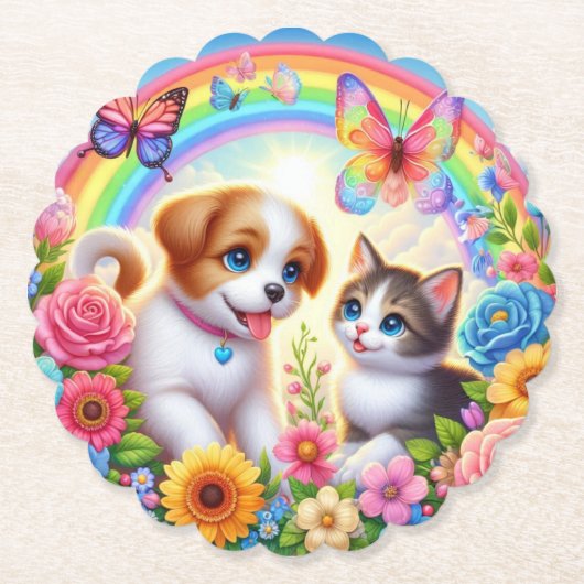 Niedlicher/whimsischer Welpe/Kätzchen Regenbogen Untersetzer (Vorderseite)
