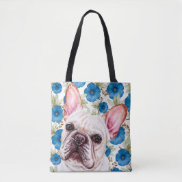 Niedlicher White French Bulldog auf Blauem Blume-M Tasche