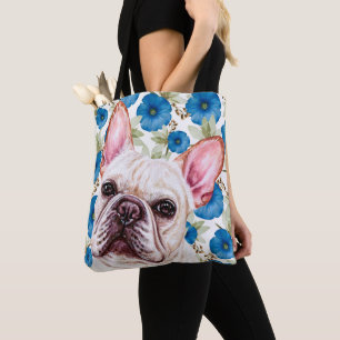 Niedlicher White French Bulldog auf Blauem Blume-M Tasche