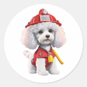 Niedlicher White Poodle Feuerwehraufkleber Runder Aufkleber