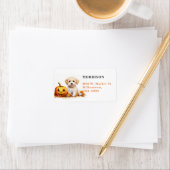 Niedlicher White Yorkie Hund mit Pumpkin Adressaufkleber (Insitu)