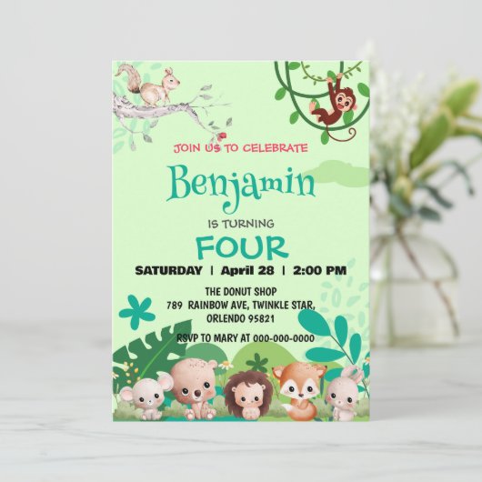 niedlicher Wildsafari-Zoo-Dschungel Geburtstag Einladung (Stehend Vorderseite)