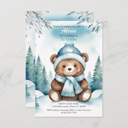 Niedlicher Winter Baby Bear Geburtstag Einladung (Vorne/Hinten)