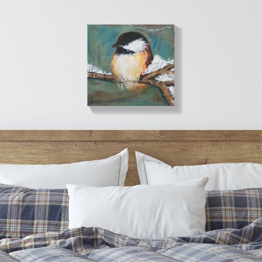 Niedlicher Winter Black Capped Chickadee Canvas Pr Leinwanddruck (Insitu (Schlafzimmer))