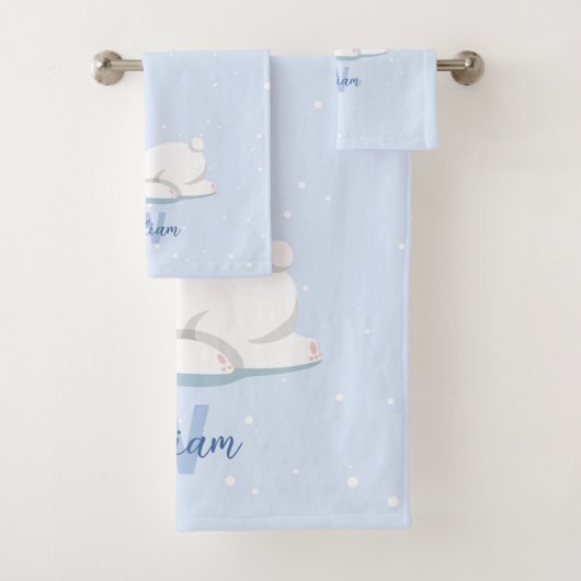 Niedlicher Winter Polar Bär Individuelle Name Kind Badhandtuch Set (Insitu)
