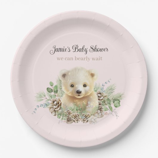 Niedlicher Winter Polar Bear Pink Girl Babydusche Pappteller (Vorderseite)