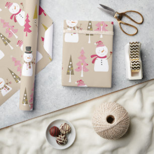 Niedlicher Winter Snowman Pink Weihnachtsbaumen Ki Geschenkpapier