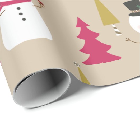 Niedlicher Winter Snowman Pink Weihnachtsbaumen Ki Geschenkpapier (Rolleneckpunkt)