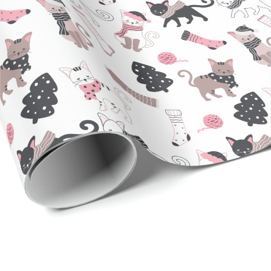 Niedlicher Winter Weihnachts-Katzenmuster Geschenkpapier (Rolleneckpunkt)
