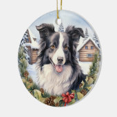 Niedlicher Winter Weihnachtsborder Collie Keramik Ornament (Links)