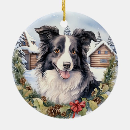 Niedlicher Winter Weihnachtsborder Collie Keramik Ornament (Hinten)