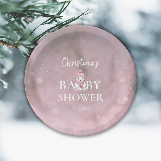 Niedlicher Winterbär Pink Babydusche Pappteller