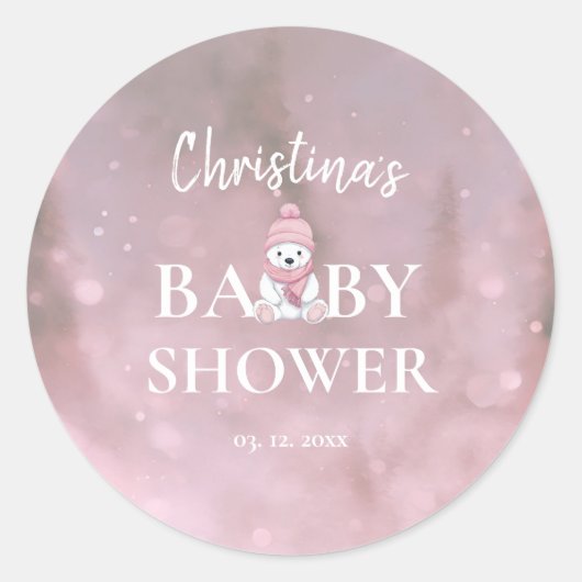 Niedlicher Winterbär Pink Babydusche Runder Aufkleber (Vorderseite)