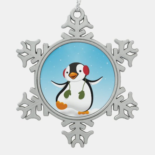 Niedlicher Winterpinguin Schneeflocken Zinn-Ornament (Vorderseite)