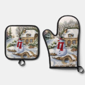 Niedlicher Winterschneefahrer Ofenhandschuh & Topflappen-Set (Vorderseite)