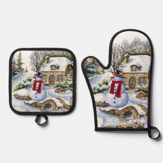 Niedlicher Winterschneefahrer Ofenhandschuh & Topflappen-Set (Vorderseite)