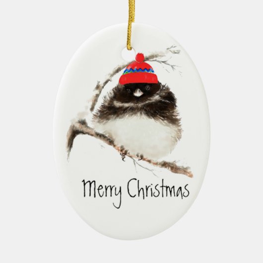 Niedlicher Wintervogel in Hat, Weihnachten, Spaß,  Keramikornament (Vorne)