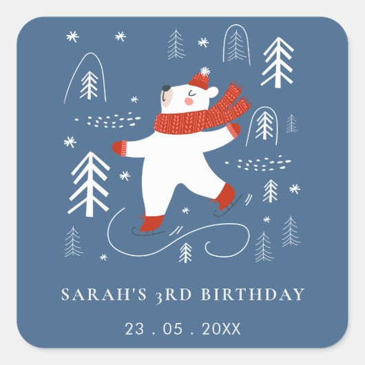 Niedlicher Winterwaldbär Ski für jedes Alter Kinde Quadratischer Aufkleber (Vorderseite)