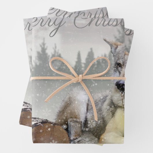 Niedlicher Wolf Eichhörnchen Winterschneewald Weih Geschenkpapier Set (Beispiel)