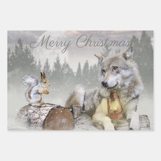 Niedlicher Wolf Eichhörnchen Winterschneewald Weih Geschenkpapier Set (Vorderseite)