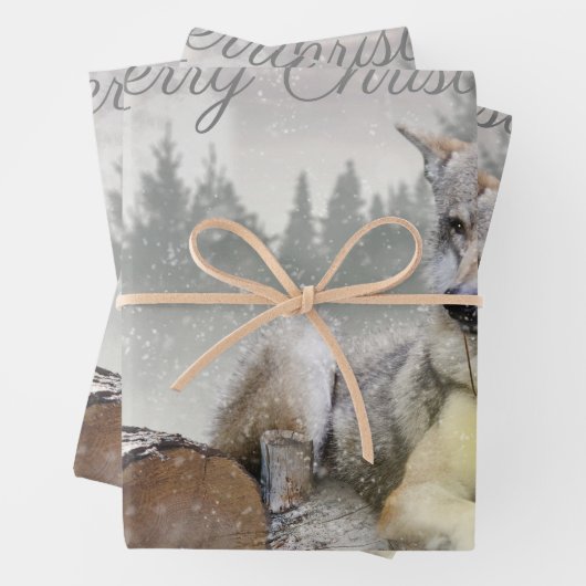 Niedlicher Wolf Eichhörnchen Winterschneewald Weih Geschenkpapier Set (Beispiel)