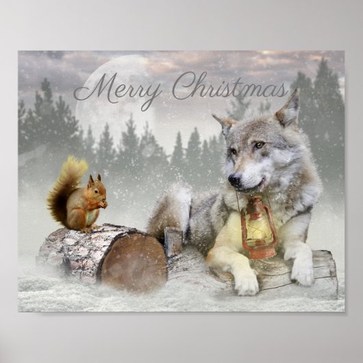 Niedlicher Wolf Eichhörnchen Winterschneewald Weih Poster (Vorne)