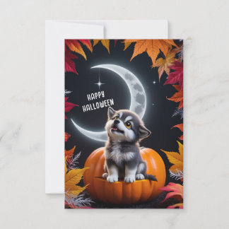 Niedlicher Wolf mit Crescent Moon Nachts Herbst Karte