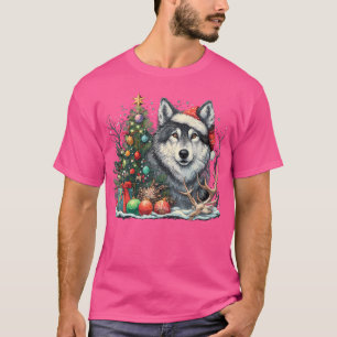 Niedlicher Wolf mit Weihnachtsbaum und Weihnachtsm T-Shirt