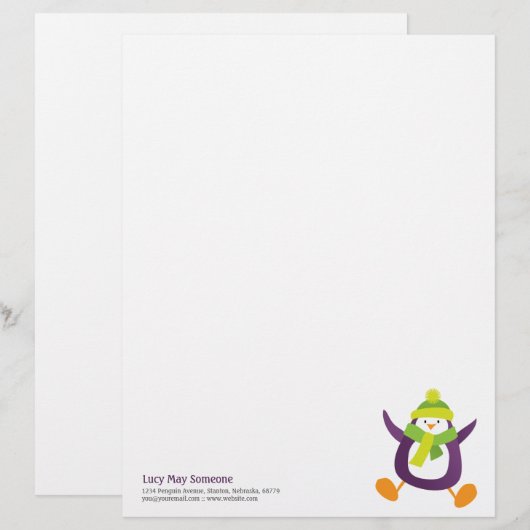 Niedlicher wunderlicher lila Penguin Briefbogen (Vorne/Hinten)