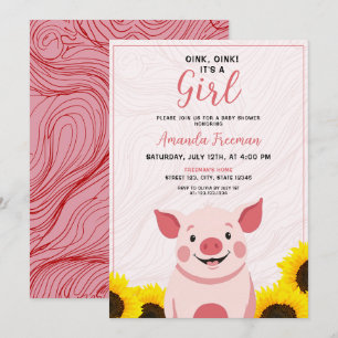 Niedlicher Wurm Pink Sonnenblumen Pig Girl Babydus Einladung