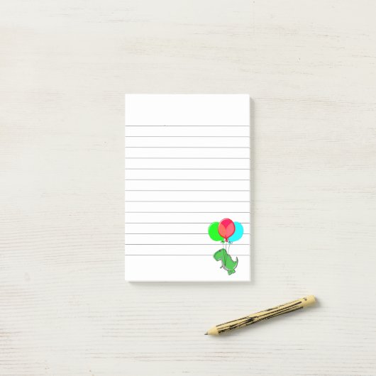 Niedlicher, wütender Dino mit Party-Balloons, die Post-it Klebezettel (Auf Schreibtisch)