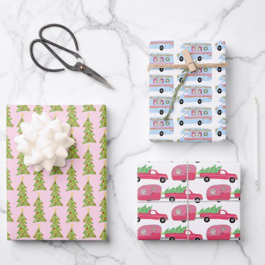 Niedlicher Xmas RV Camper Baum Anhänger Urlaub Ros Geschenkpapier Set (Vorderseite)