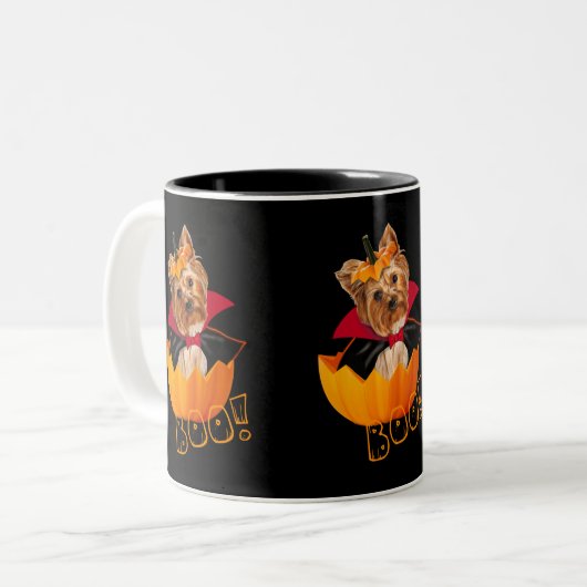 Niedlicher Yorkshire-Hund Halloween-Kürbis Zweifarbige Tasse (Vorderseite Links)
