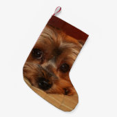 Niedlicher Yorkshire-Terrier-Welpe Kleiner Weihnachtsstrumpf (Vorderansicht (hängend))