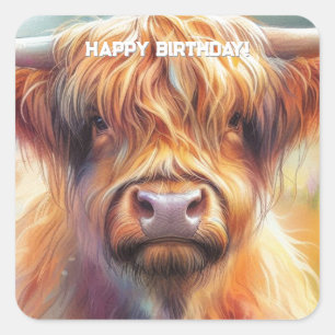 Niedlicher, zäher Shaggy Highland Cow Geburtstag Quadratischer Aufkleber
