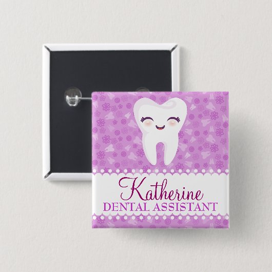 Niedlicher Zahn - lila Name-Abzeichen-Knopf Button (Vorne & Hinten)