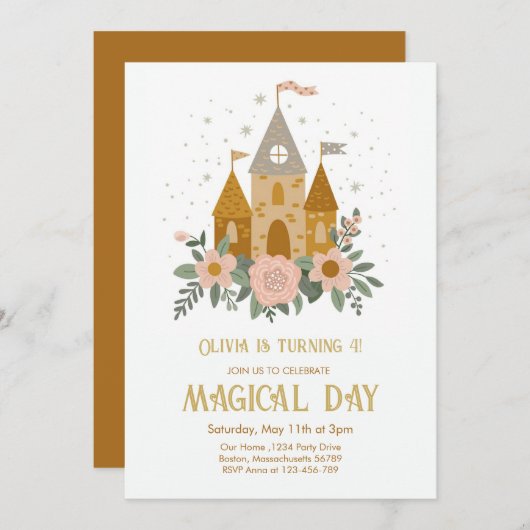 Niedlicher Zaubertag Burg Princess Geburtstag Einladung (Vorne/Hinten)