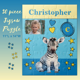 Niedlicher Zebra-Foto Name Blau-Gelbe Kinder Puzzle