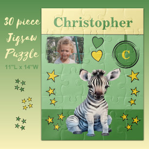 Niedlicher Zebra-Foto Name Grün-Gelb-Kinder Puzzle