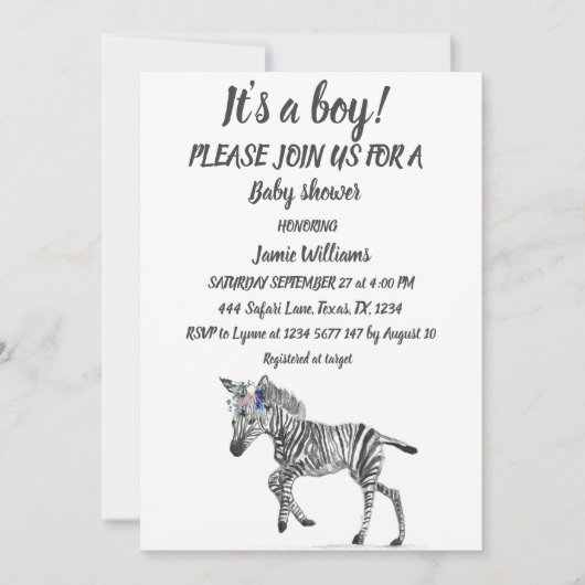 Niedlicher Zebra Safari Jungle Muster Tier Baby Bo Einladung (Vorderseite)