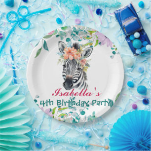 Niedlicher Zebra Zoo Tierdschungel Floral Geburtst Pappteller