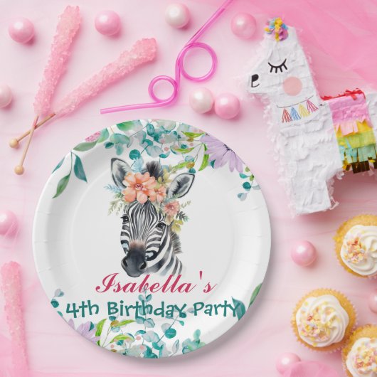Niedlicher Zebra Zoo Tierdschungel Floral Geburtst Pappteller (Party)