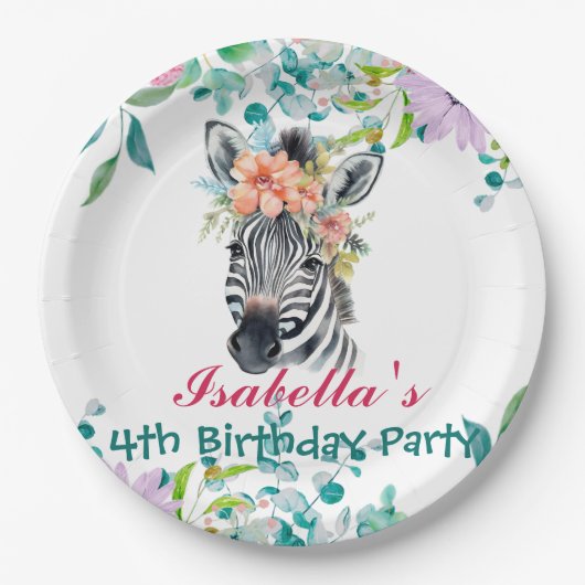 Niedlicher Zebra Zoo Tierdschungel Floral Geburtst Pappteller (Vorderseite)