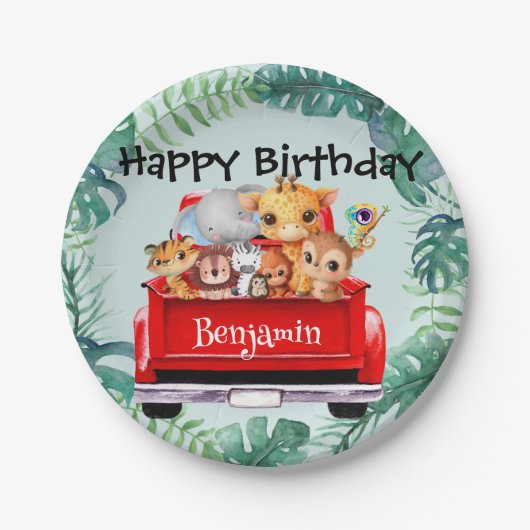 Niedlicher Zoo-Dschungelbauernjunge Birthday Party Pappteller (Vorderseite)